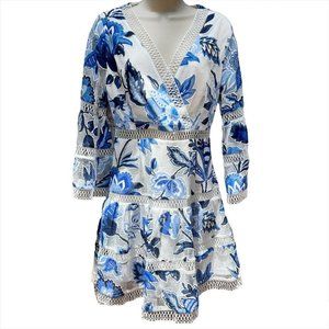 𝅺vici Blue White Floral Dress Size Small S Crochet Panels Garden Party Summer